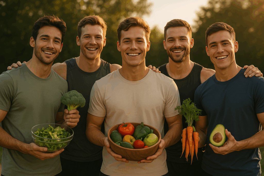 Fünf junge Männer präsentieren frisches Gemüse wie Brokkoli, Karotten, Avocado und Tomaten im warmen Sonnenlicht – Sinnbild moderner Ernährungstrends, pflanzlicher Ernährung und bewussten Lebensstils.