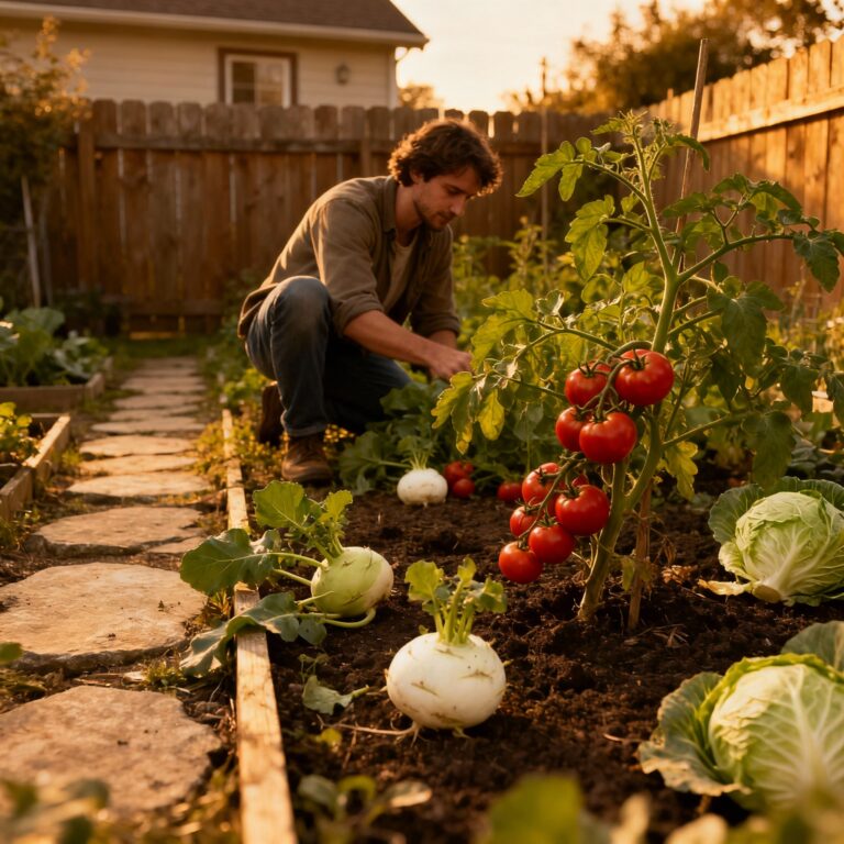 Ultrarealistische Aufnahme eines kleinen Hausgartens in Deutschland bei warmem, etwas dunklerem Licht. Im Fokus stehen heimisch angebautes Gemüse wie Tomaten und weiteres deutsches Gartengemüse, mit hochwertiger Bildqualität, kein Nahaufnahme, sondern ein weiter Blick auf das blühende Gartenbeet