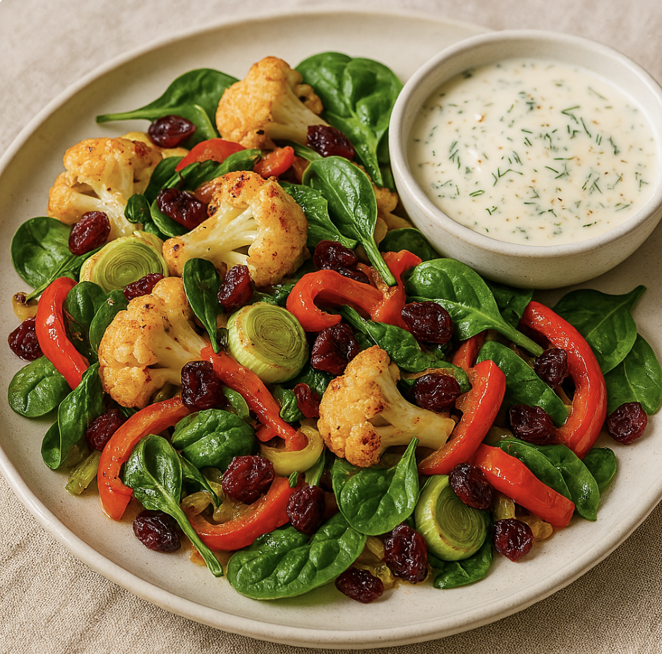 Gebratene Blumenkohlröschen mit roter Paprika, Spinat, Lauch und getrockneten Beeren auf einem Teller, serviert mit cremigem Kräuter-Dip in einer Schale.
