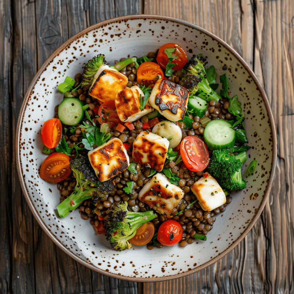 Linsensalat mit gegrilltem Halloumi, Tomaten, Gurke und Brokkoli in einer Schale.