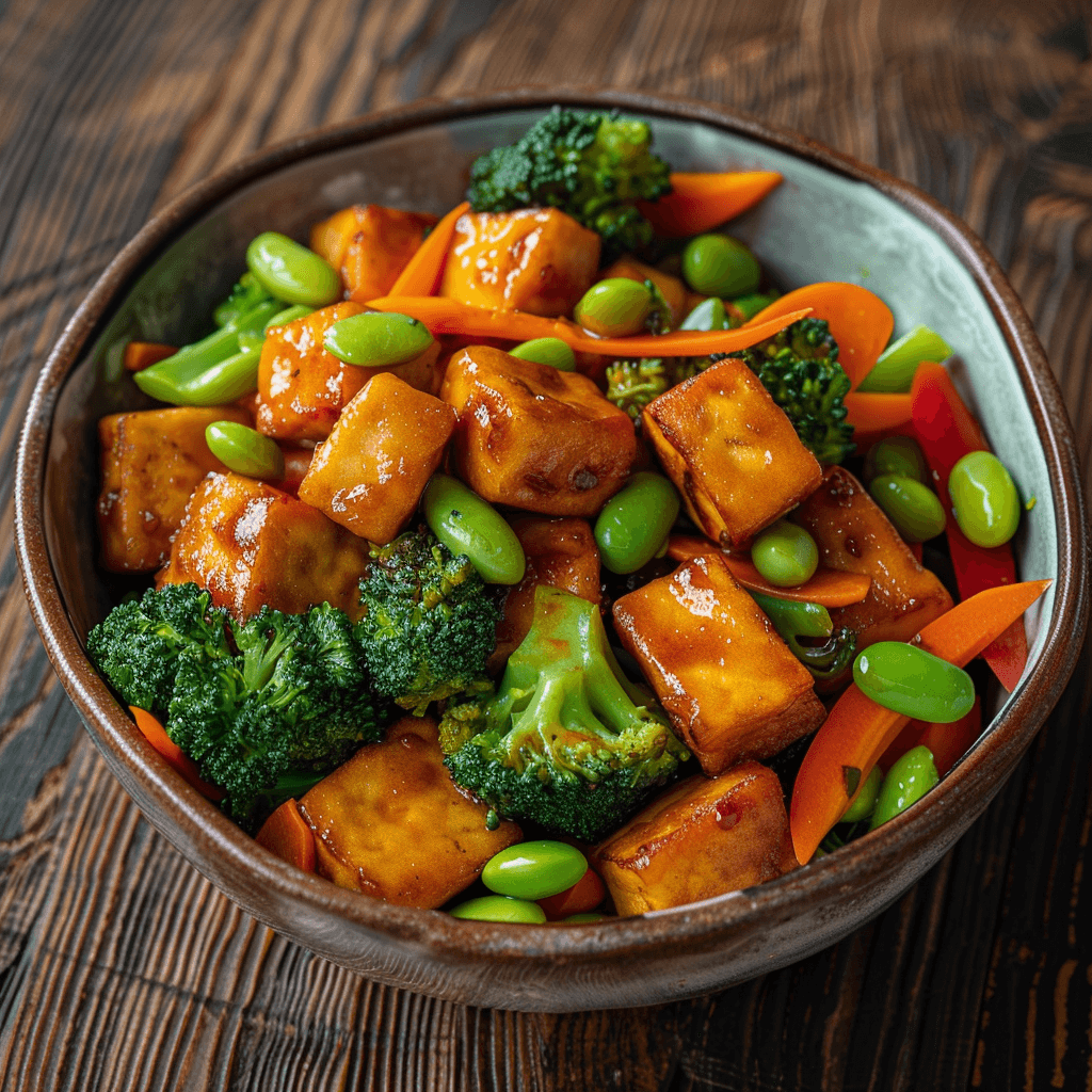 Gebratene Tofuwürfel mit Brokkoli, Karotten, Paprika und Edamame in einer Schale.
