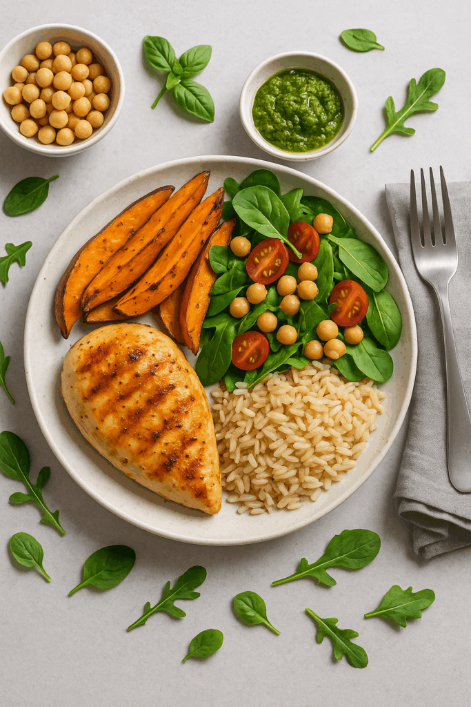 Flexitarische Ernährung: ausgewogene Mahlzeit mit Hähnchenbrust, Süßkartoffeln, Reis, Spinat, Kichererbsen und Tomaten als Beispiel für gesunde und nachhaltige Ernährung