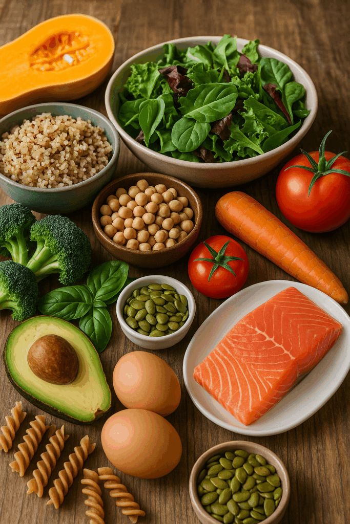 Zutaten für flexitarische Ernährung: frischer Lachs, Avocado, Eier, Kichererbsen, Gemüse und Vollkornprodukte als Grundlage für gesunde und nachhaltige Ernährung