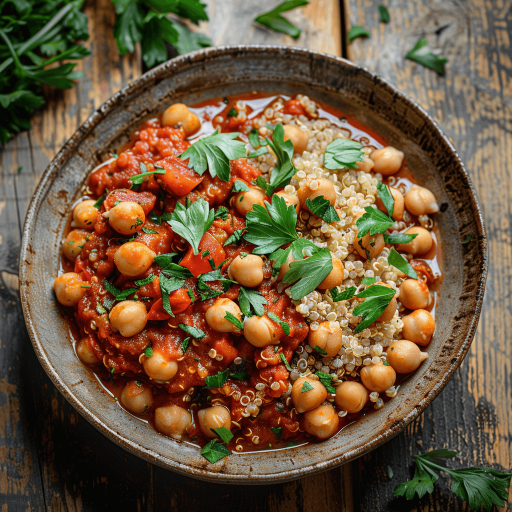 Kichererbsen in Tomatensauce mit Quinoa, serviert in einer Schale auf rustikalem Holztisch.