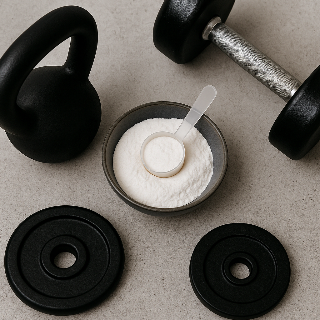 Kreatin Wirkung im Training: Hanteln, Gewichtsscheiben und Schälchen mit Kreatinpulver samt Messlöffel