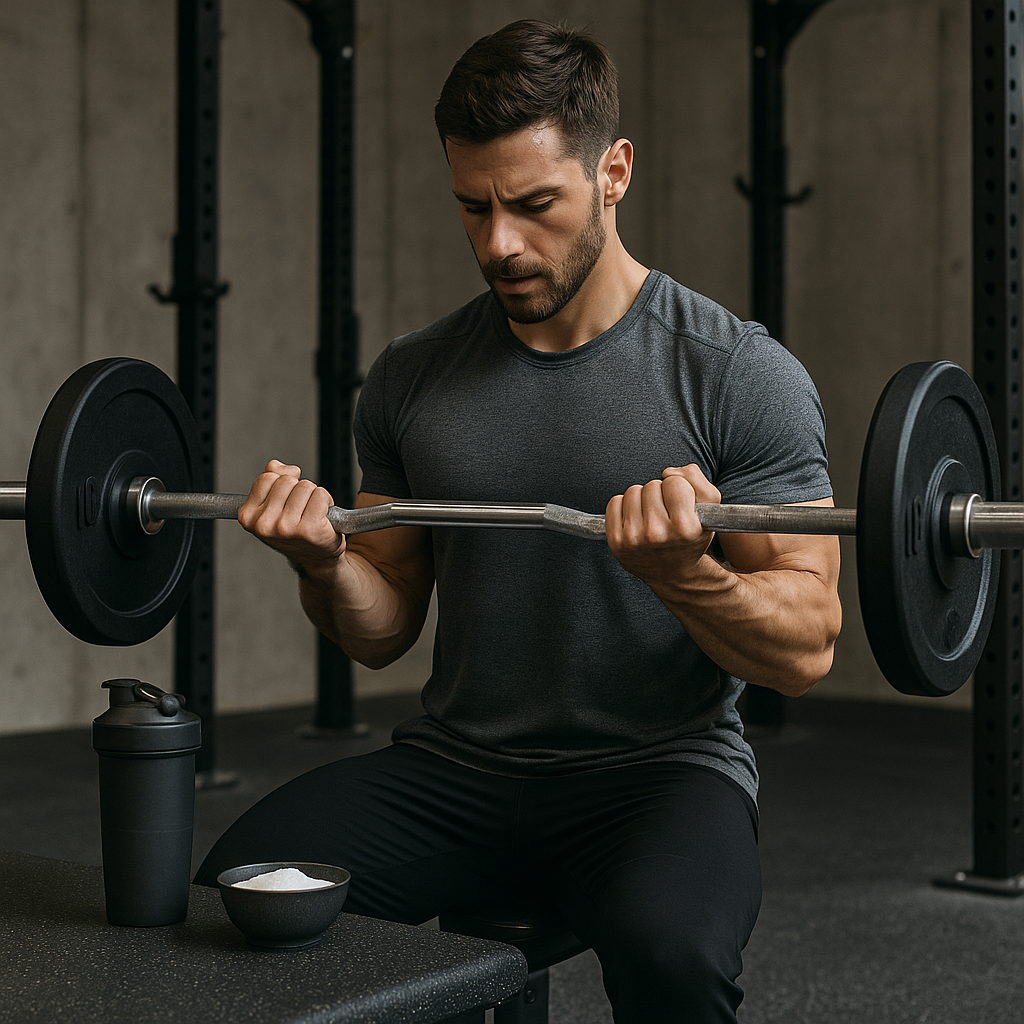 Erfahrungsbericht – Kreatin Wirkung im Trainingsalltag: Athlet macht Langhantel-Curls im Gym, mit Hantelscheiben und Shaker