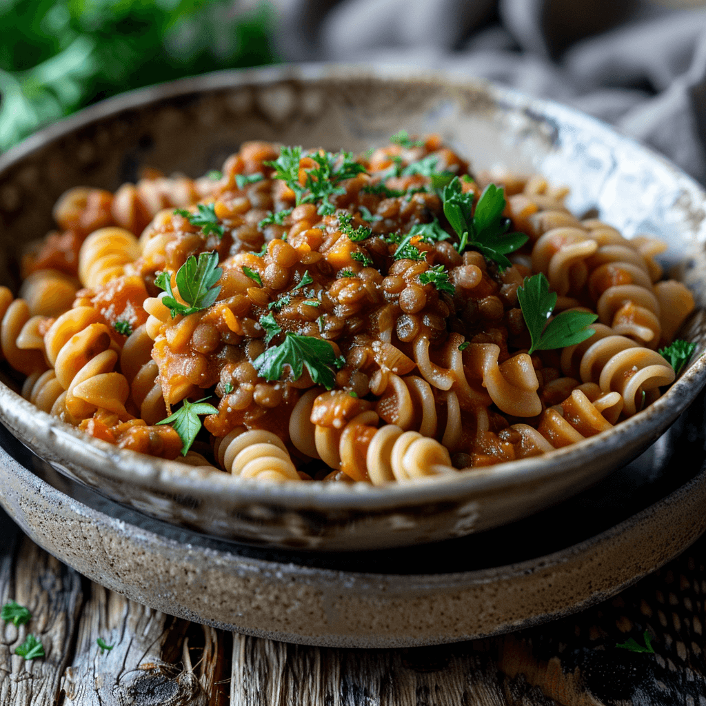 Vollkornnudeln mit Linsen-Bolognese aus Tomaten und roten Linsen, angerichtet in einer Schale auf Holztisch.