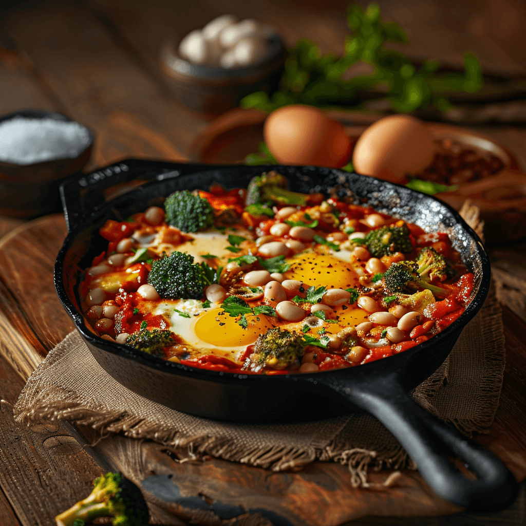 Shakshuka mit Eiern, Bohnen und Brokkoli in Tomatensauce, serviert in einer Pfanne.