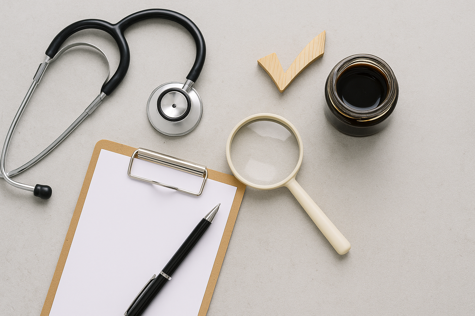 Shilajit Sicherheits-Check: Stethoskop, Lupe, Check-Symbol, Klemmbrett und Glas mit Shilajit – Symbolbild für Qualität, CoAs, Laborprüfung und ärztliche Rücksprache.