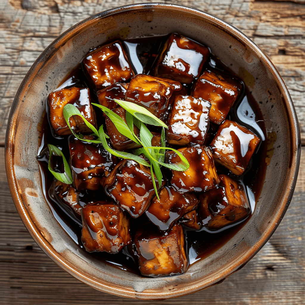 Tofuwürfel in glänzender Teriyaki-Sauce in einer Keramikschale, garniert mit frischen Frühlingszwiebeln, von oben auf hellem Holzhintergrund fotografiert.