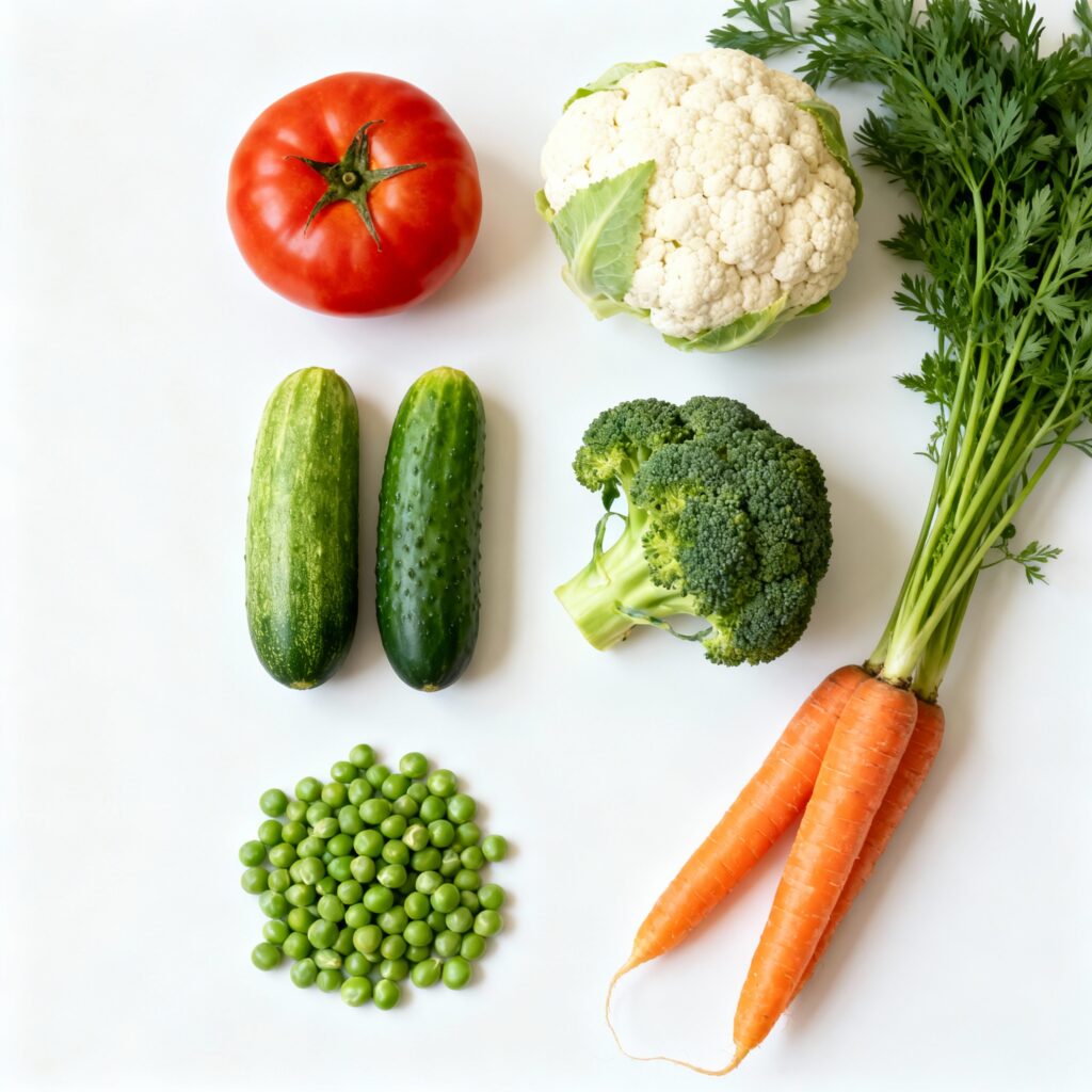 Sommergemüse der Saison mit Tomaten, Gurken, Blumenkohl, Brokkoli, Erbsen und Karotten – frisches, regionales Gemüse für sommerliche Rezepte in Deutschland.