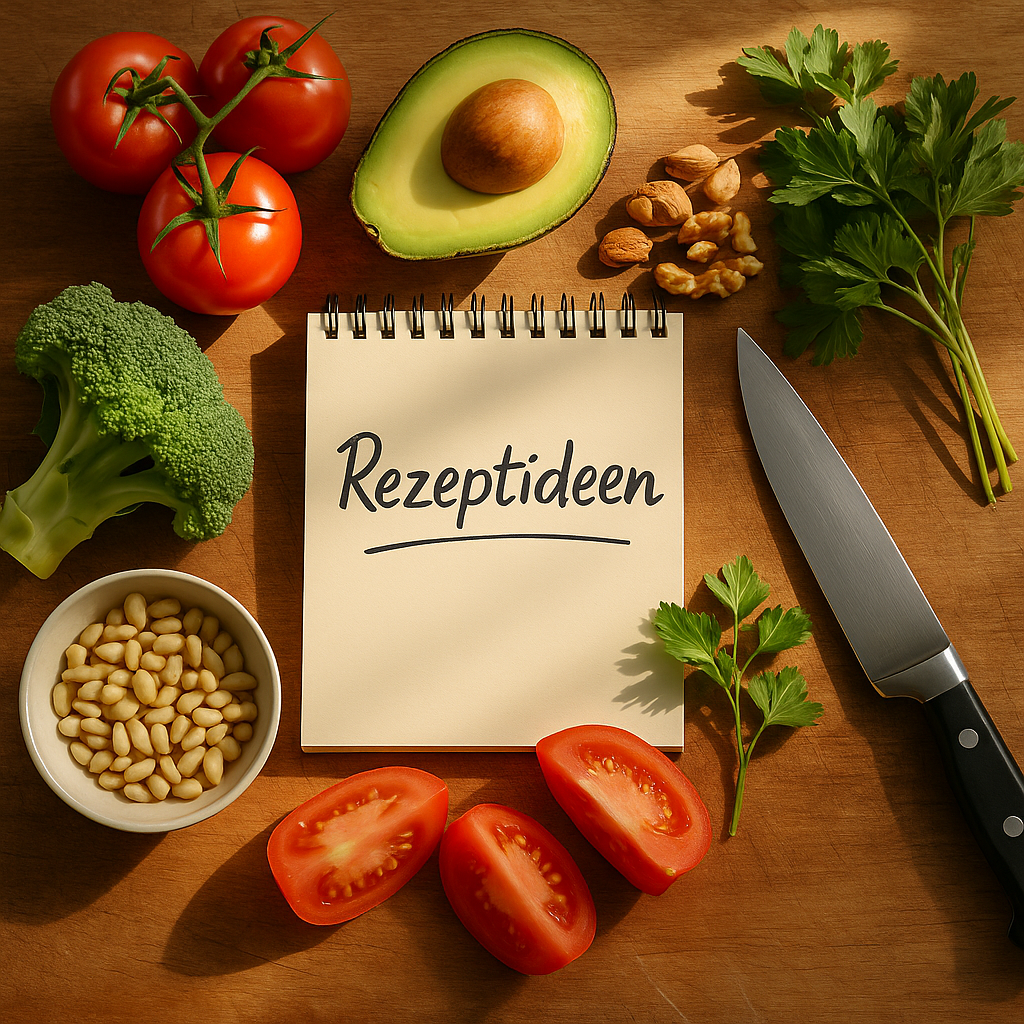 Frische Zutaten wie Tomaten, Brokkoli, Avocado, Nüsse und Kräuter auf großem Küchen-Holzbrett mit Messer im Sonnenlicht – Inspiration für gesunde Rezepte aller Art, proteinreich und vegetarisch.