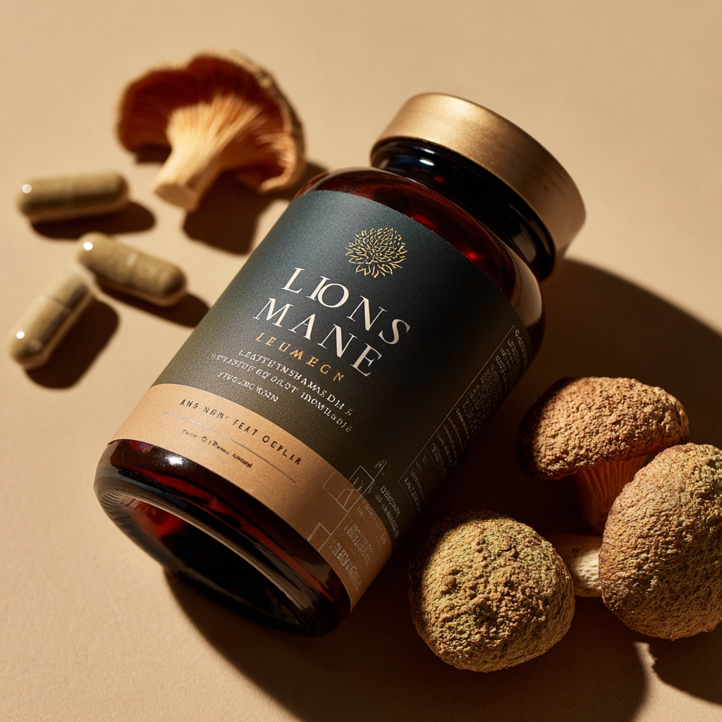 Lion’s-Mane-Supplement: braunes Glas mit Etikett, daneben getrocknete Igelstachelbart-Fruchtkörper und Kapseln auf beigem Hintergrund.