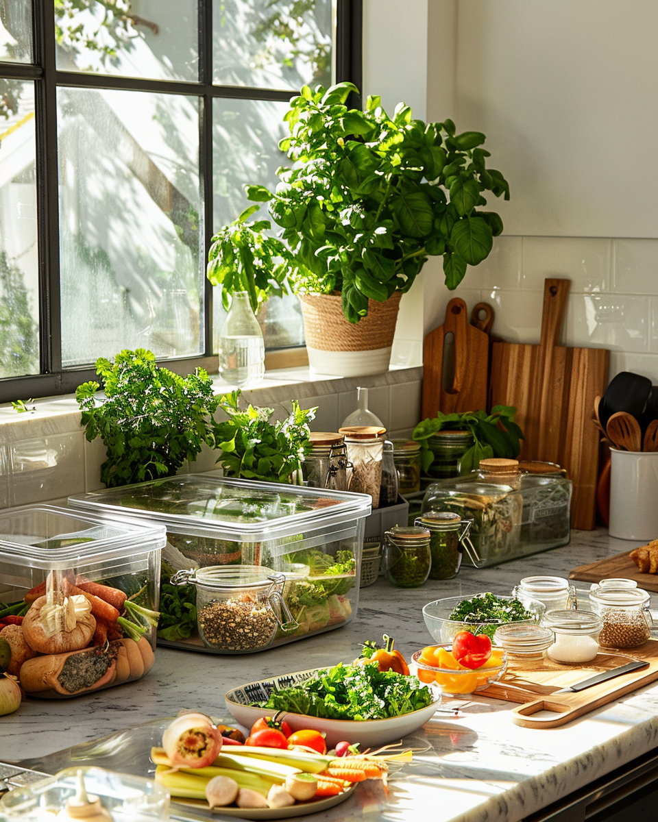Helle Küche mit Sonnenlicht: frische Kräuter am Fenster, Glasbehälter und Vorratsgläser, Gemüse und Salat für nachhaltige Meal-Prep-Ernährung