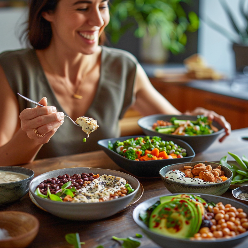 Lächelnde Frau isst eine Bowl mit pflanzlichen Eiweißquellen wie Bohnen, Kichererbsen, Tofu, Edamame, Nüssen und Samen auf einem Holztisch
