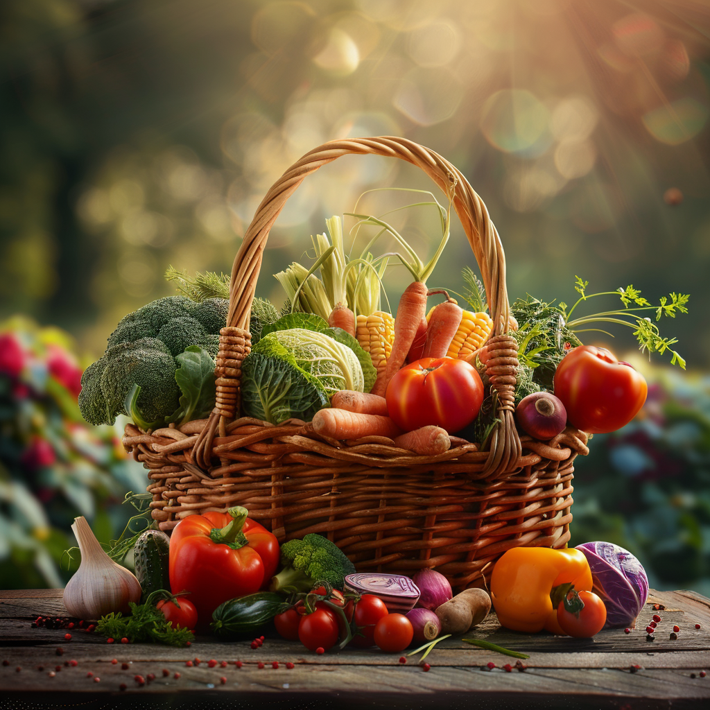seasonal vegetable basket on a rustic wooden table