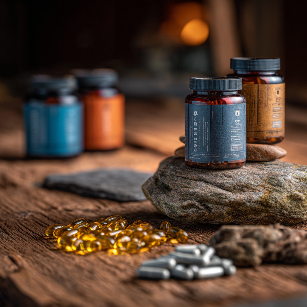 Athlete-Stack: Braune Supplement-Flaschen mit Kapseln/Softgels (Omega-3, Multivitamin, Zink/Magnesium, Kreatin) auf Holz-/Steinuntergrund.