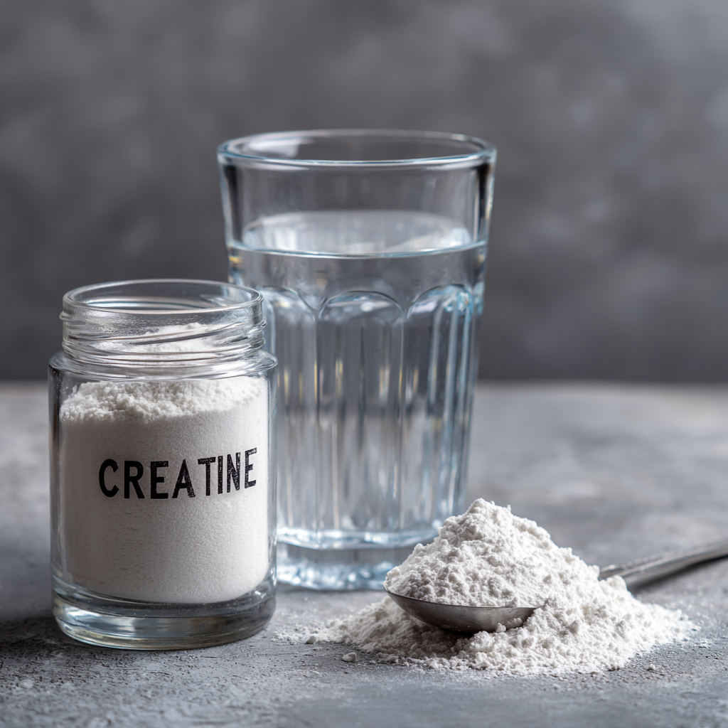 Kreatin-Monohydrat als weißes Pulver: beschriftetes Glas neben Wasserglas und Dosierlöffel – Zubereitung mit Wasser.