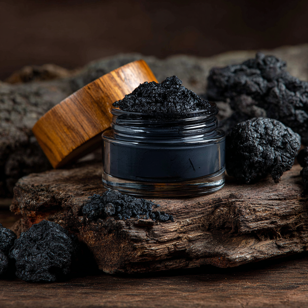 Shilajit (Mumijo) im offenen Glas auf Naturholz – dunkles Harz/Supplement als Symbolbild für gereinigtes Shilajit-Extrakt.