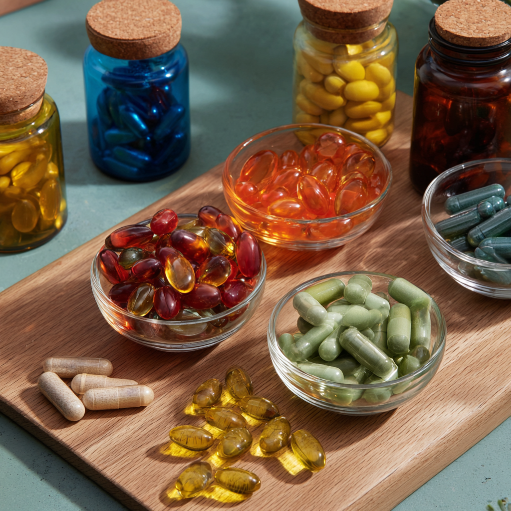 Supplements im Trend: bunte Kapseln und Softgels auf einem Holzbrett – Omega-3, Multivitamine und Pflanzenkapseln.