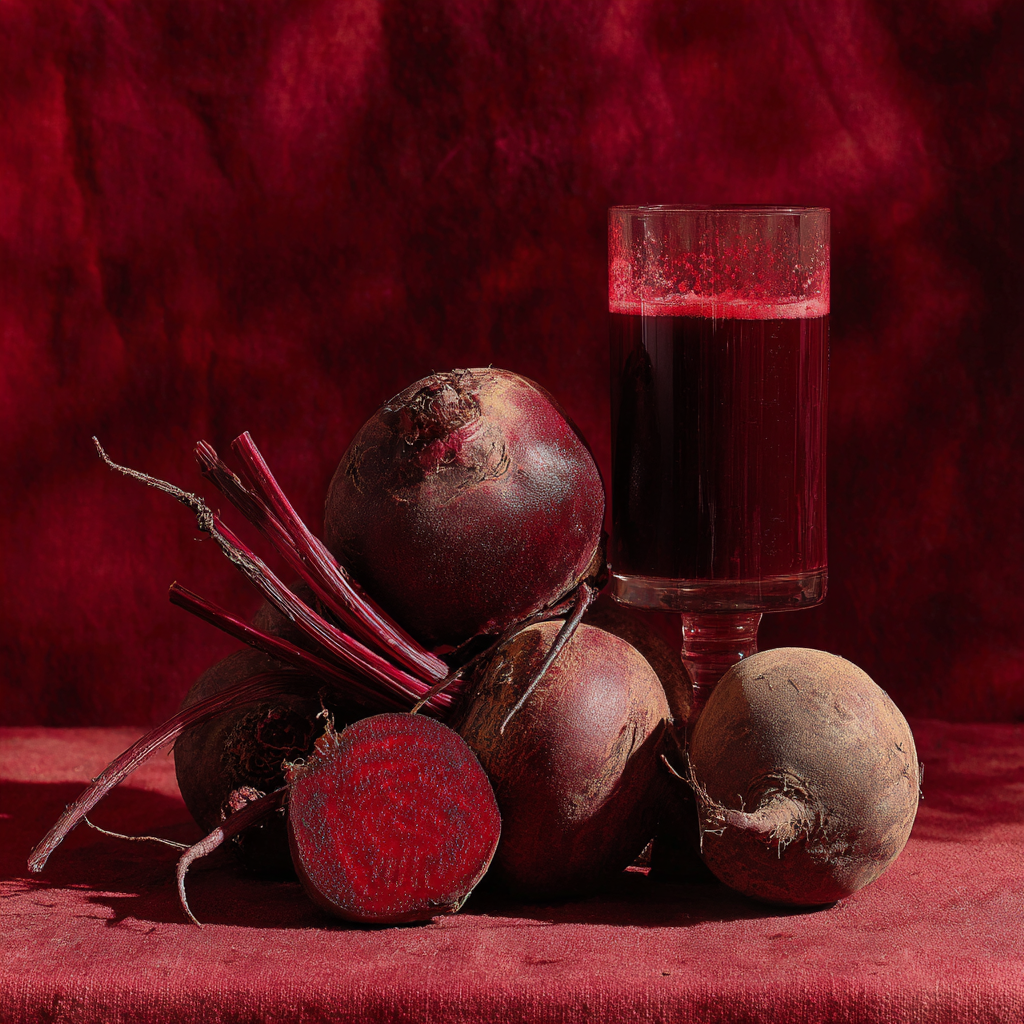 Rote Bete-Knollen und ein Glas Rote-Bete-Saft vor rotem Hintergrund – eine Knolle halbiert; Symbol für natürliche Nitrat-/NO-Quelle.